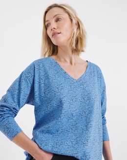 Pure Cotton Blue Print Slouch Long Sleeve Longline Top