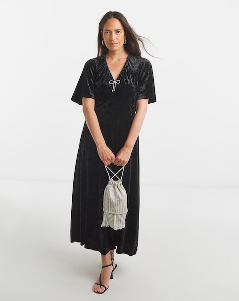 V-Neck Short Sleeve Bow Crushed Velvet Dress