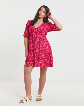 Simply Be Red and Pink Print Viscose Button Through Skater Dress