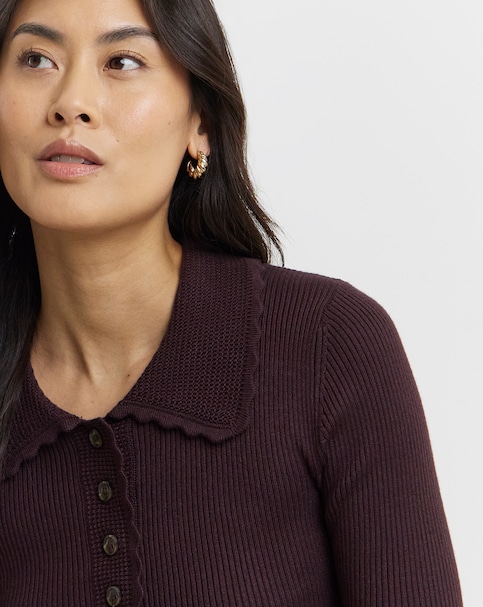 Fine Knit Chocolate Ribbed Knit Polo Jumper