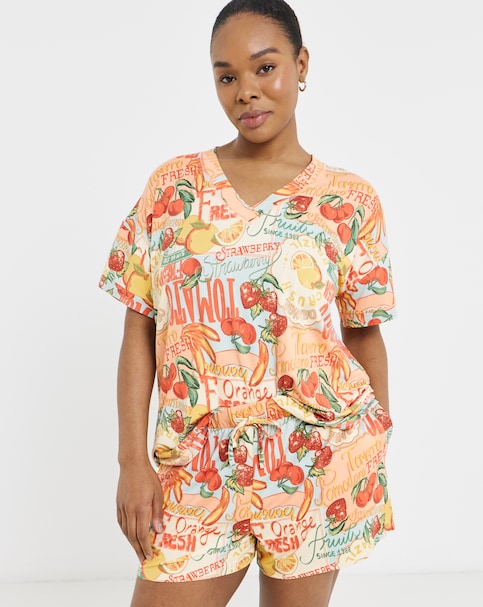 Figleaves V-Neck Pyjama Short Set Fruit Print