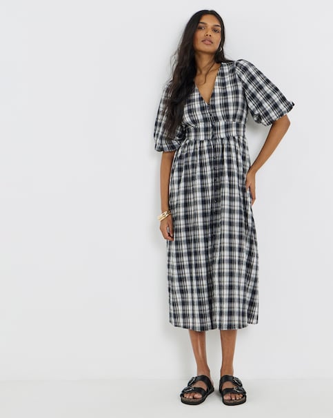 Mono Check Midi Dress With Pockets