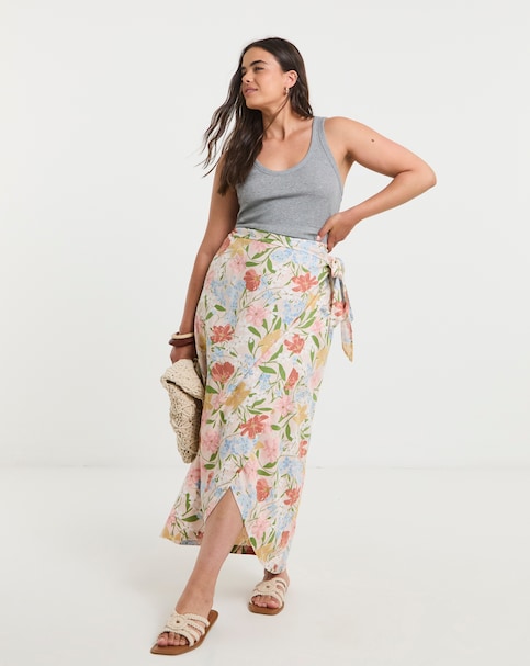 Linen Blend Wrap Midaxi Skirt