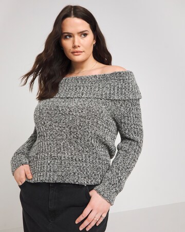 Grey Marl Rib Textured Knitted Bardot Jumper