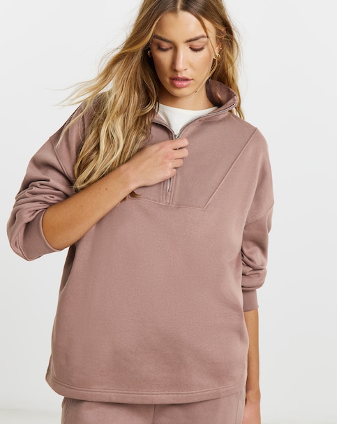 Mocha Quarter Zip Sweatshirt with Rib Panel