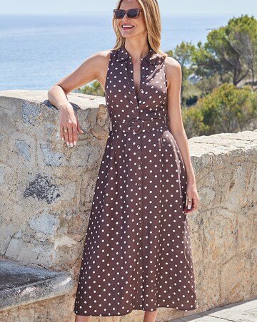 Sosandar Brown Spot Sleeveless Linen Shirt Dress