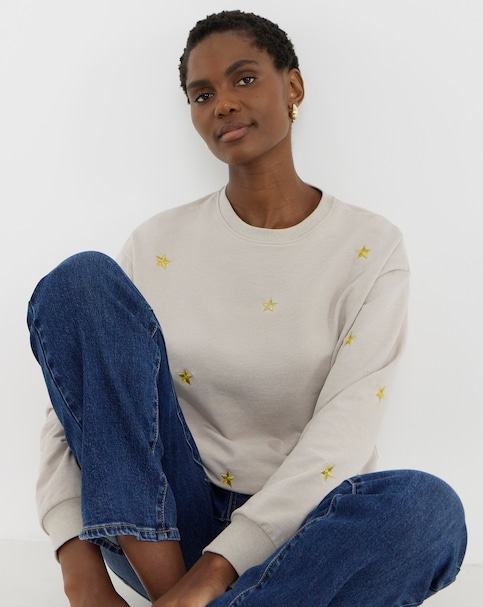 Star Metallic Embroidered Sweatshirt - Oatmeal