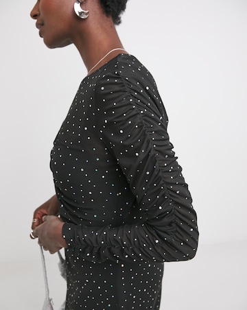 Sequin Mesh Ruched Midi Dress