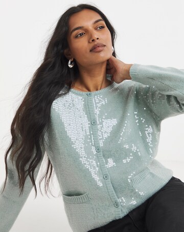 Simply Be Teal Crew Neck Clear Sequin Cardigan