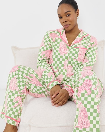Chelsea Peers Organic Cotton Classic Pyjama Set Checkerboard Leopards Print