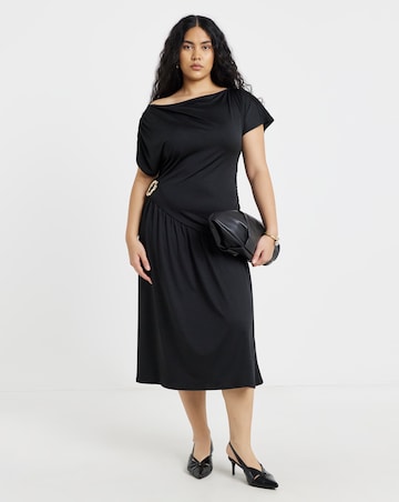 Black Drape Midi Dress With Buckle Detail