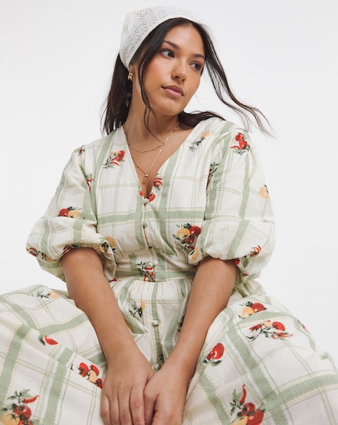 Fruit Print Waist Detail Midi Dress