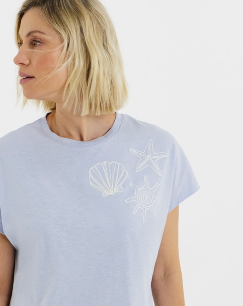Blue Embroidered Yoke Cotton Longline Top