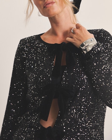 Pewter Bow Linear Sequin Cardigan