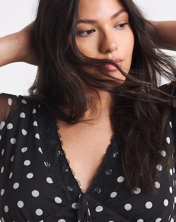 Mono Spot Print Mesh Lace Trim Midi Dress