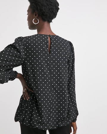 Crew Neck Blouson Sleeve Blouse - Black Spot