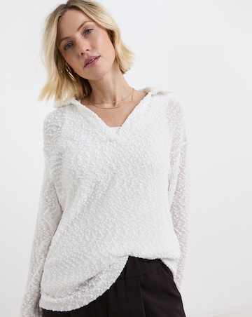 Boucle V-Neck Collared Long Sleeve Top