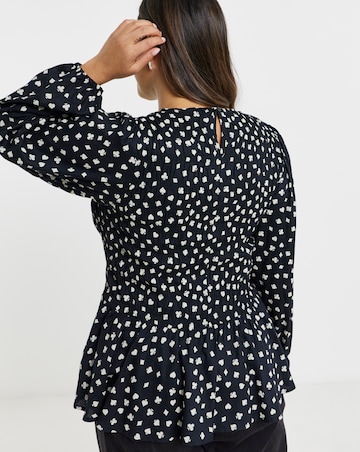 Mono Print Long Sleeve Shirred Top