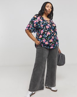 Black Animal Print Angel Sleeve Crinkle Top