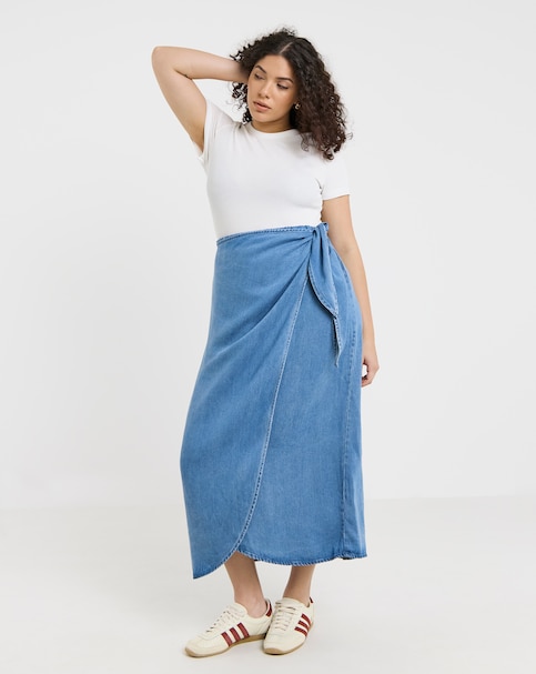 Simply Be Mid Wash Denim Wrap Midi Skirt with Tencel TM Lyocell