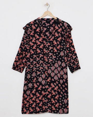 Pink Geo Viscose Twill Frill Shoulder Shirt Dress