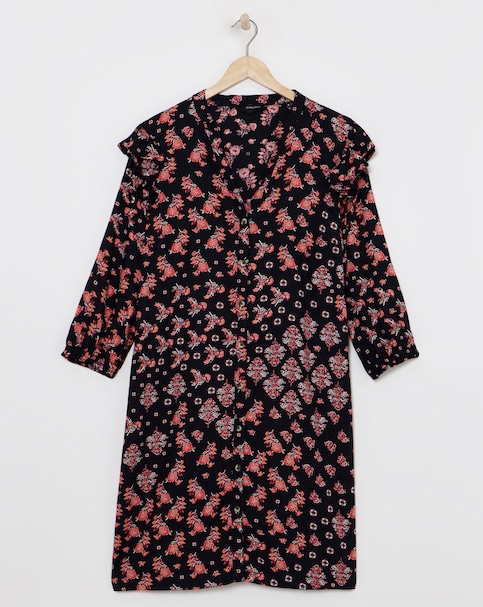 Pink Geo Viscose Twill Frill Shoulder Shirt Dress