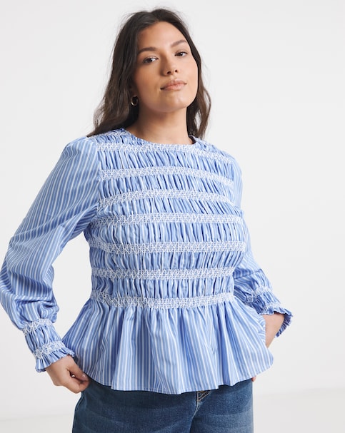 Blue Stripe Cotton Poplin Shirred Blouse