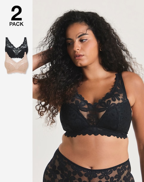 Pretty Secrets (2 Pack) Daisy Lace Non Wired Padded Plunge Bras (B-F) Blk/Almond