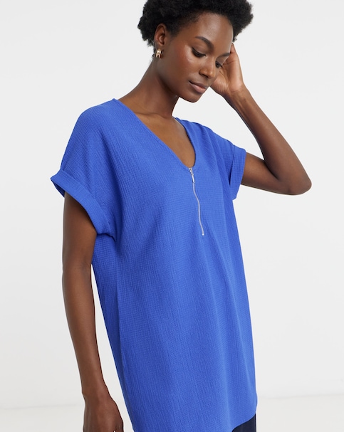 Blue Textured V-Neck Zip Front Longline Top