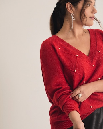 Red V-Neck Pearl Cable Knit Tunic