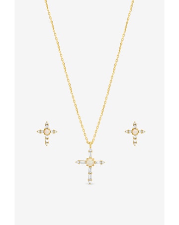 Inicio 14K Gold Plated Cubic Zirconia and Opal Cross Set - Gift Box