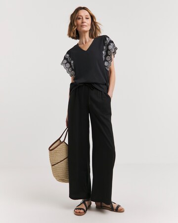Black Broderie Contrast Sleeve V Neck Top
