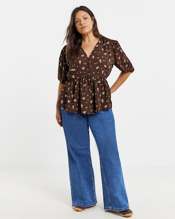 Button Through Chocolate Floral Peplum Blouse
