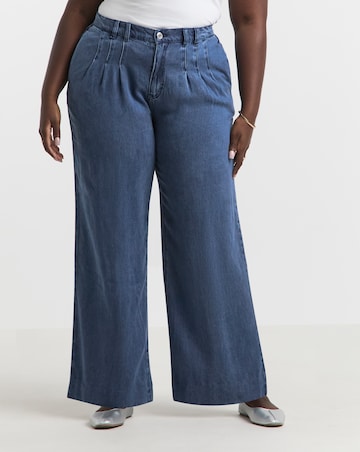 Simply Be Mid Blue Pleat Detail Lyocell Wide Leg Jeans