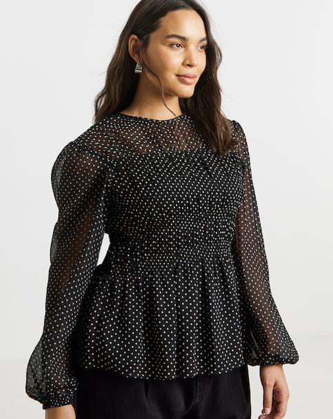 Mono Spot Georgette Spot Shirred Blouse