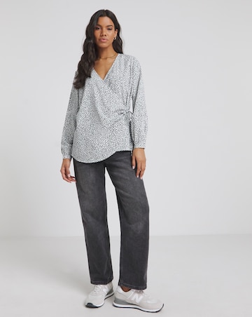 Spot Print Tie Front Relaxed Wrap Blouse