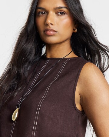 Chocolate Linen Shell Top with Topstitch Detail