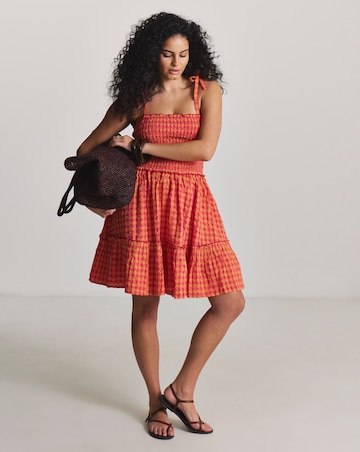 Pink Gingham Shirred Mini Beach Dress