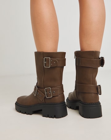 Stevie Multi Buckle Chunky Ankle Biker Boots - Extra Wide Fit (EEE)