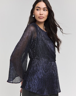 Joanna Hope Fluted Sleeve Metallic Plisse Wrap Blouse