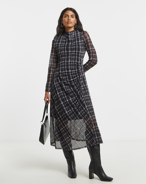 Mono Check Print Ruched Mesh Midi Dress