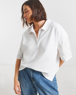 Simply Be White Cut Work Sleeve Polo Top