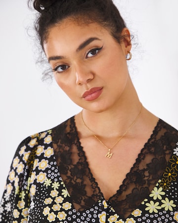 Mix Floral Lace Insert V-Neck Button Through Short Sleeve Blouse