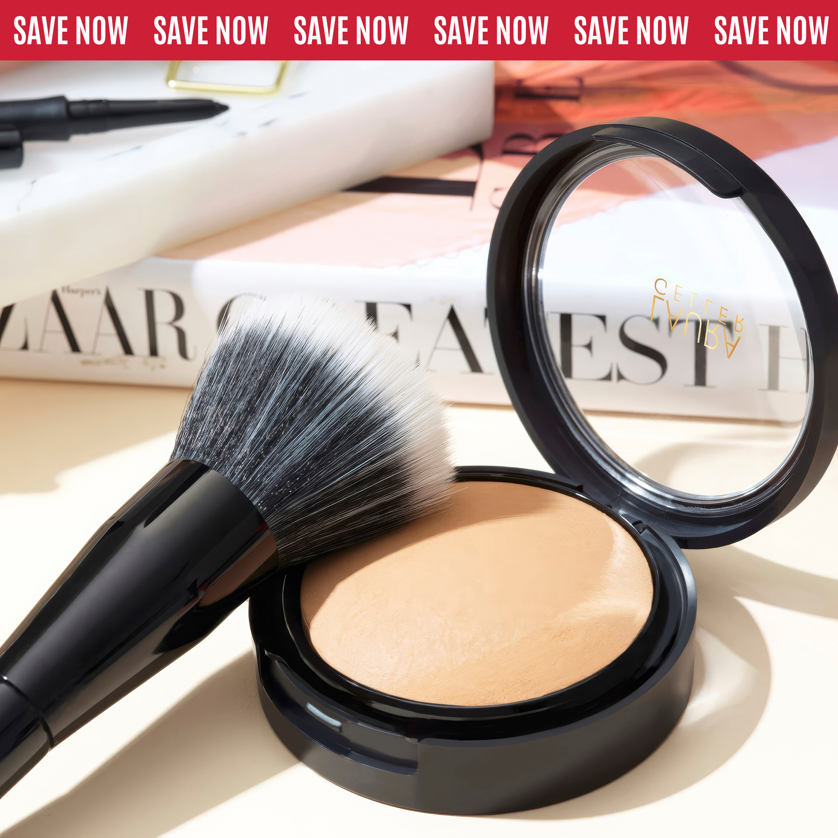 Close-up of Laura Geller makeup and a powder brush