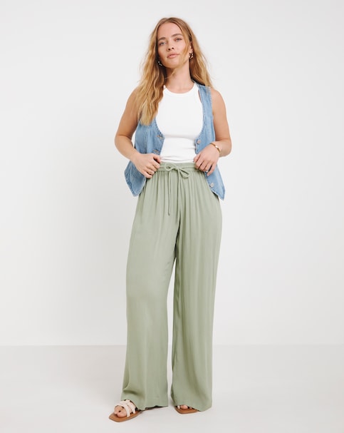Simply Be Khaki Crinkle Wide Leg Trousers
