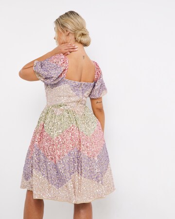 Maya Curve Square Neck Rainbow Sequin Embellished Mini Skater Dress