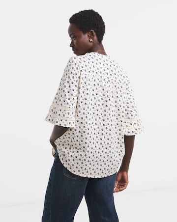 Printed Pure Cotton Seersucker Trim Short Sleeve Blouse