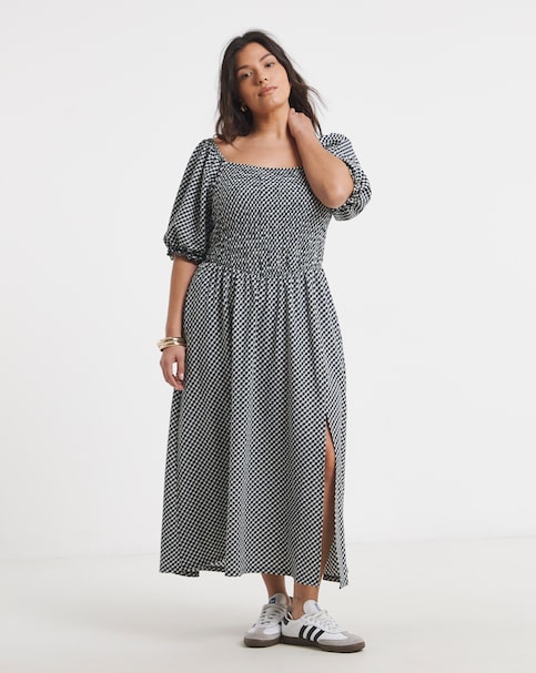 Waffle Shirred Midi Dress