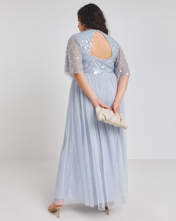Maya Curve V Neck Delicate Disc Sequin Tulle Maxi Dress