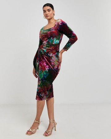 Made In GB Floral Printed Velvet Wrap Knot Front Midi Dress